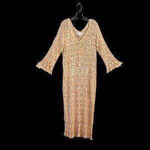 70s Hand Crochet Neutral Beige Maxi Floral Bell Sleeve Boho Volup XL–5X NWOT